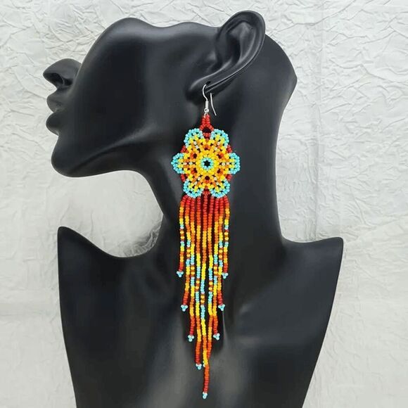 Boho Multicolor Beaded Flower Dangle Earrings - Picture 6 of 6
